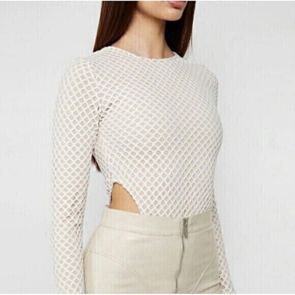 maniere de voir Tops - Maniere De Voir Mesh Bodysuit Womens Size 8 White Beige Finger Loop Sexy Top New